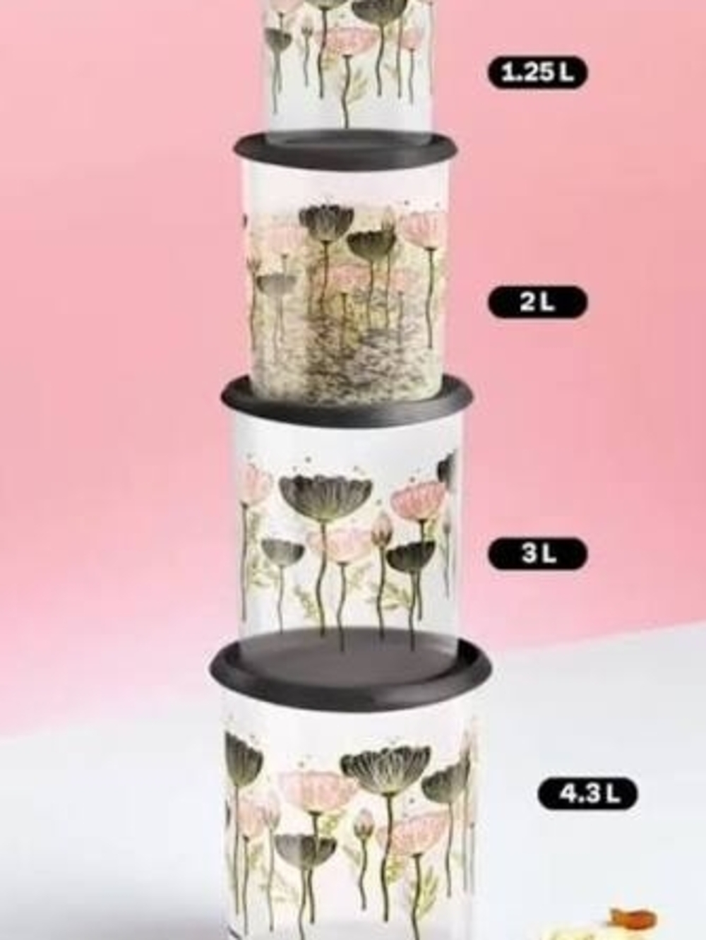 Floral Stackable Kitchen Storage Canister Set - Pink/Black Lids